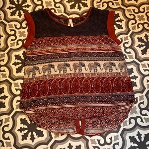 Burnt orange, navy blue, Boho shirt szM